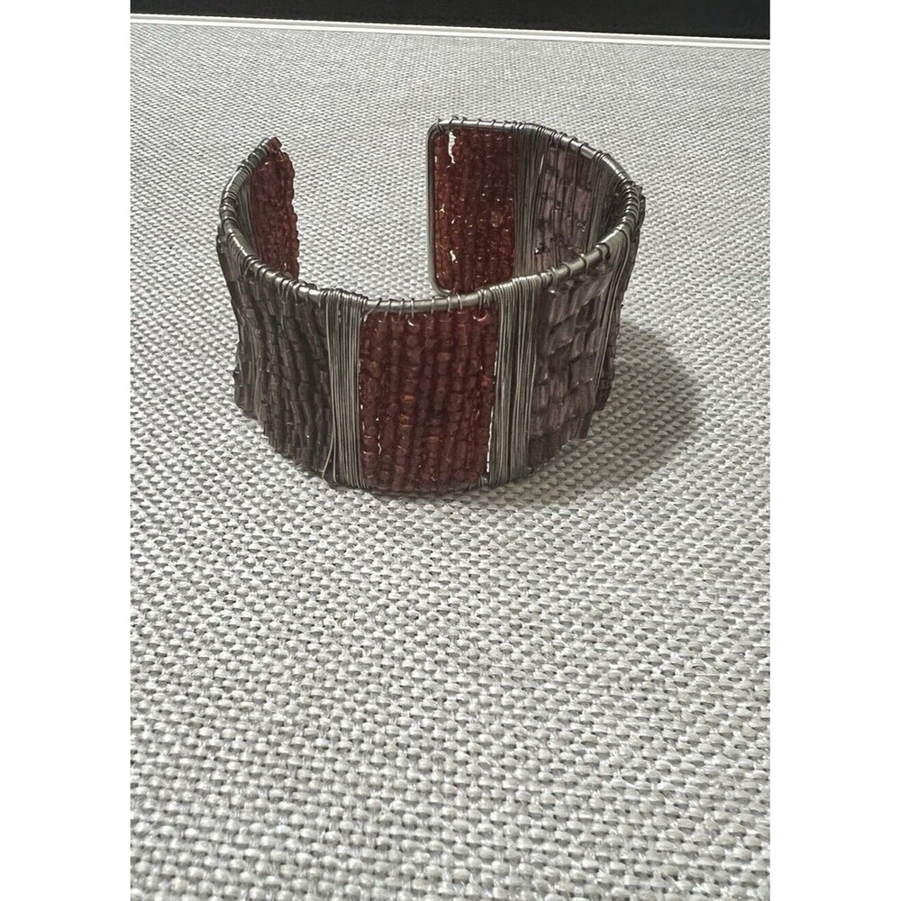 Beaded Wrap Cuff Bracelet Silver Tone Seed/Tube Beads Amethyst Flexible Fit Boho